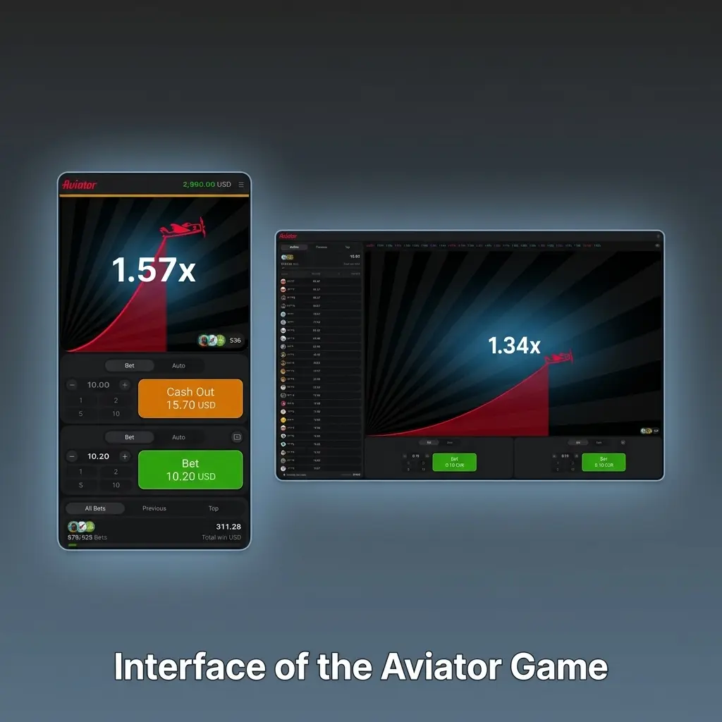 Aviator game interface showing rising multiplier, plane animation, bet panel, cash-out button, and live player activity feed